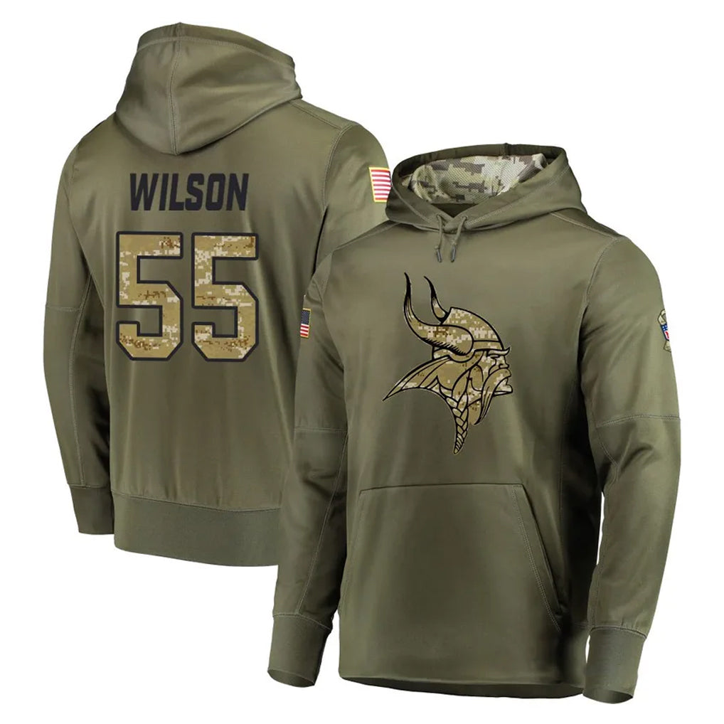 M.Vikings #55 Eric Wilson Player Olive Salute to Service Pullover Hoodies Home Game STECN Stitched Jerseys