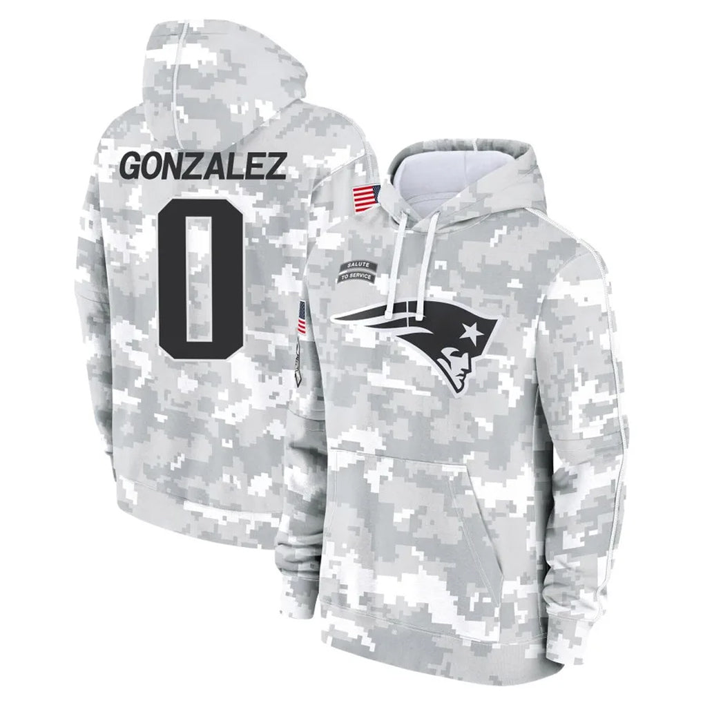 NE.Patriots #0 Christian Gonzalez Player Arctic Camo Salute to Service Pullover Hoodies Limited Game STECN Stitched Jerseys