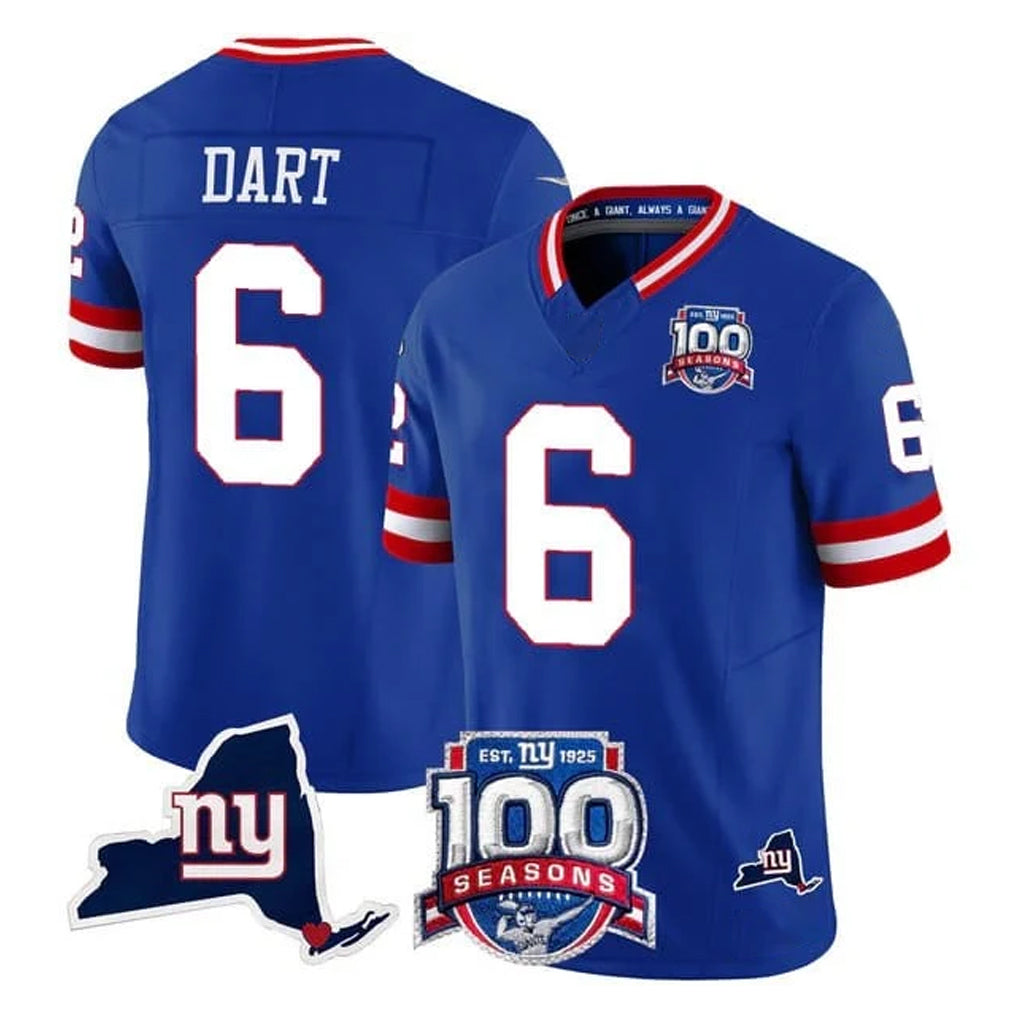 NY.Giants #6 Jaxson Dart Player Royal 100th Season & State Patch Vapor Limited Home Game STECN Stitched Jerseys