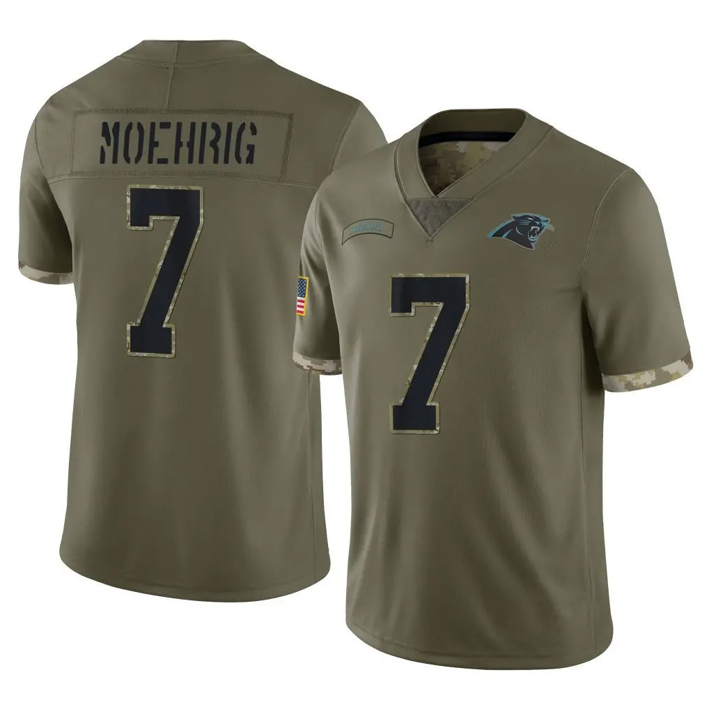 C.Panthers #7 Tre'von Moehrig Player Olive Salute to Service Game STECN Stitched Jerseys