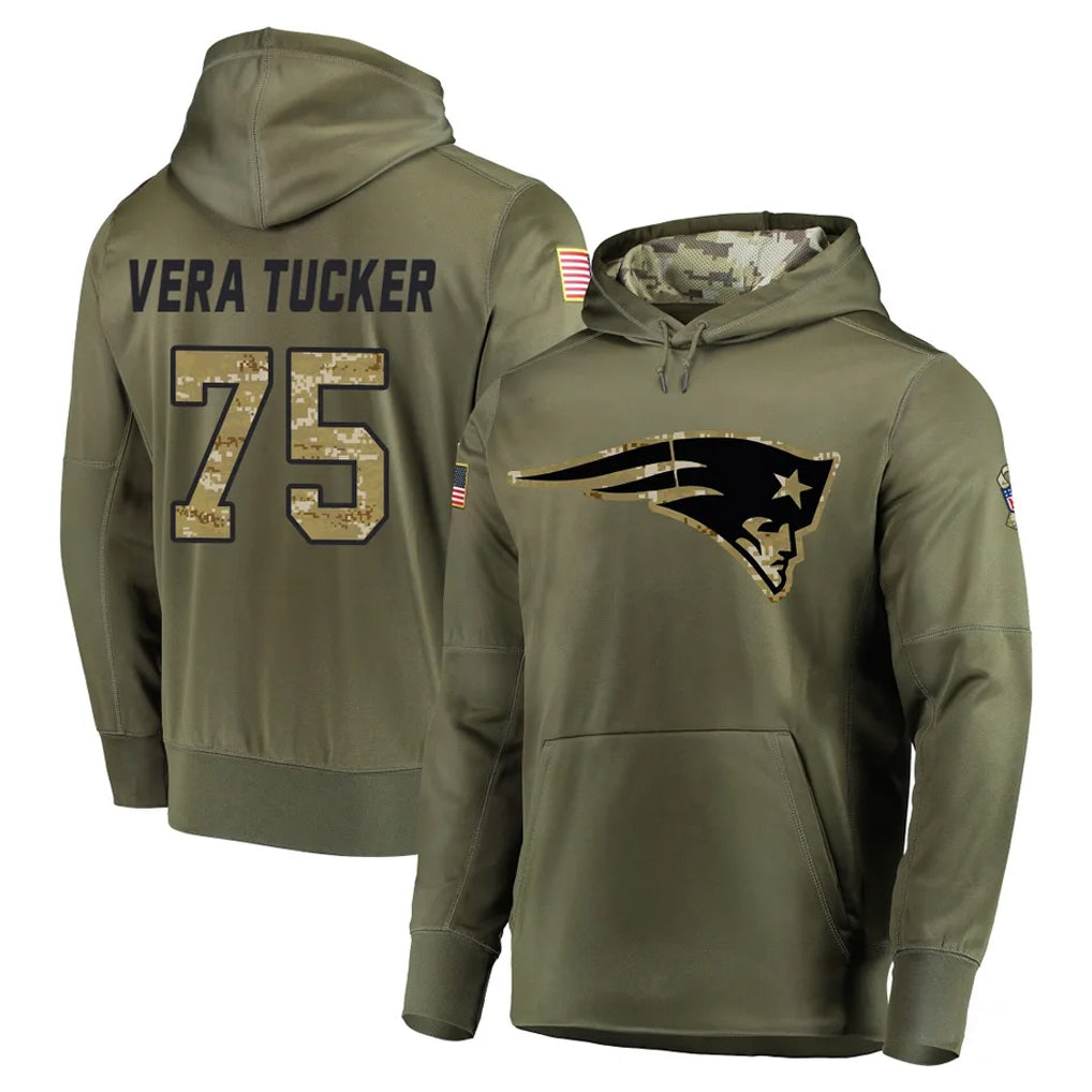 NE.Patriots #75 Alijah Vera-Tucker Player Olive Salute to Service Pullover Hoodies Home Game STECN Stitched Jerseys