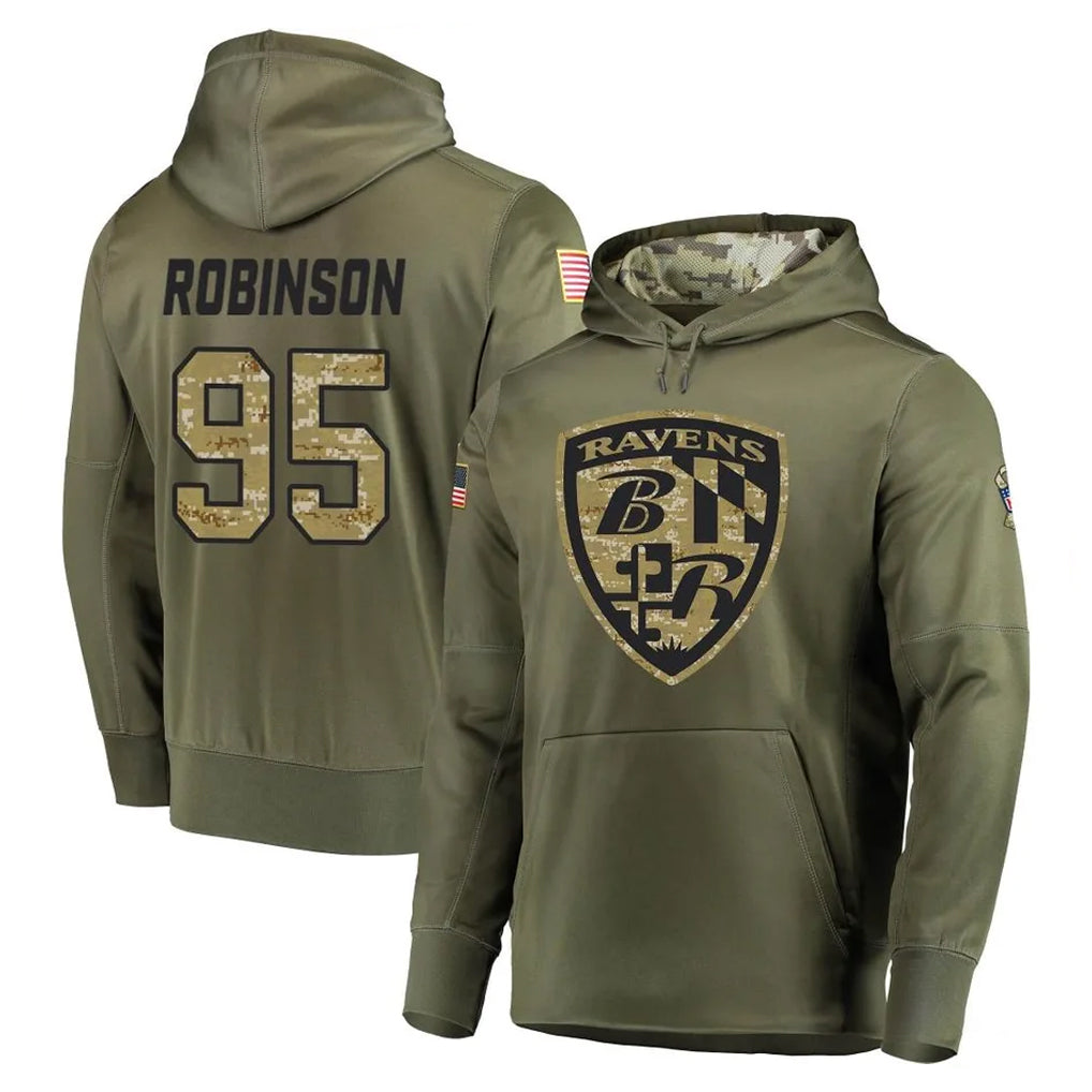 B.Ravens #95 Tavius Robinson Player Olive Salute to Service Pullover Hoodie STECN Stitched Jerseys