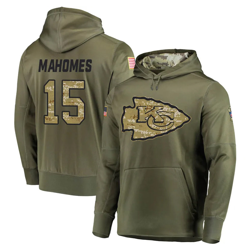 KC.Chiefs #15 Patrick Mahomes Player Olive Salute to Service Pullover Hoodies Home Game STECN Stitched Jerseys