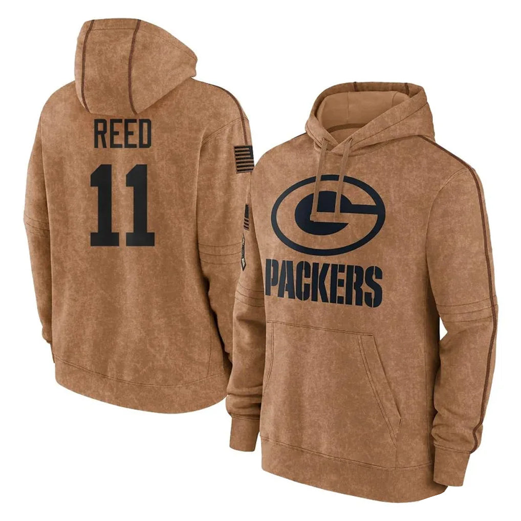 GB.Packers #11 Jayden Reed Player Brown Salute to Service Hoodies Limited Game STECN Stitched Jerseys