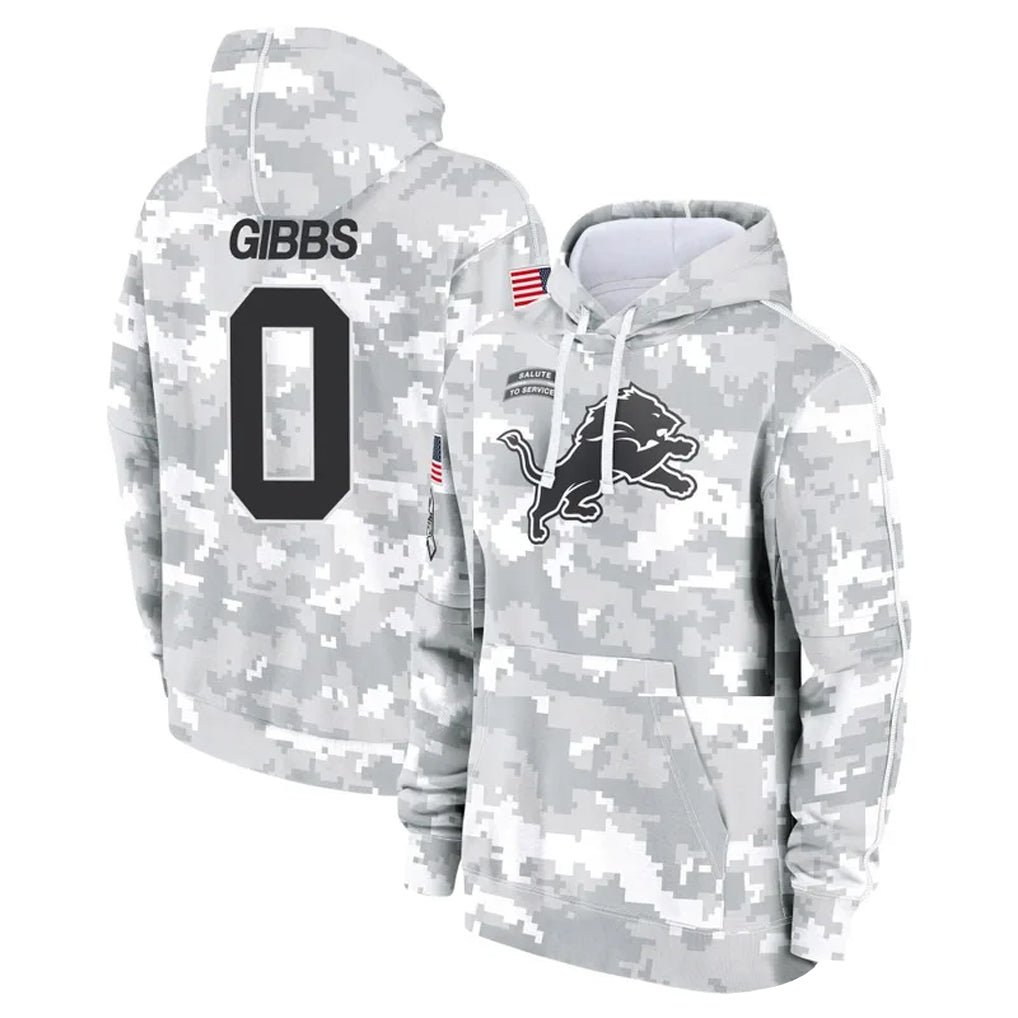 D.Lions #0 Jahmyr Gibbs Player Arctic Camo Salute to Service Hoodies Limited Game STECN Stitched Jerseys