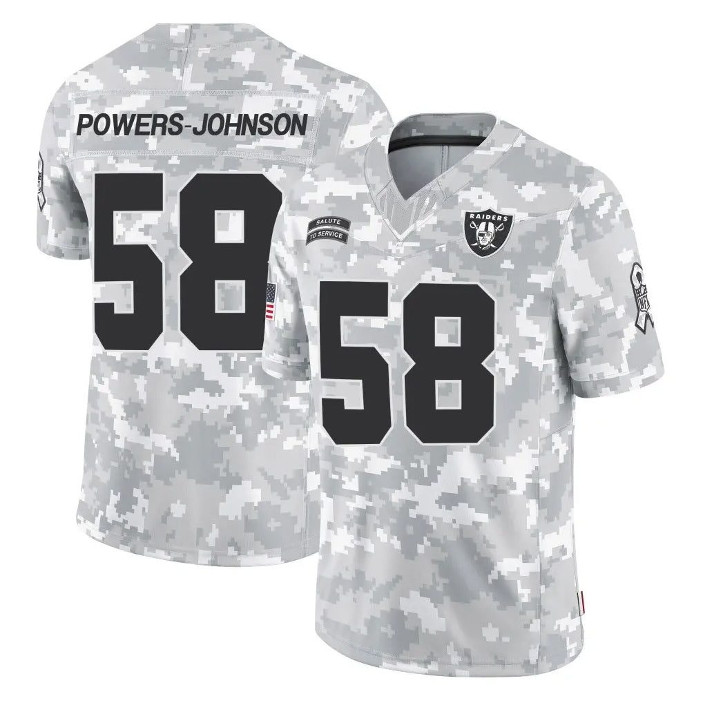 LV.Raiders #58 Jackson Powers-Johnson Player Arctic Camo Salute To Service Limited Game STECN Stitched Jerseys