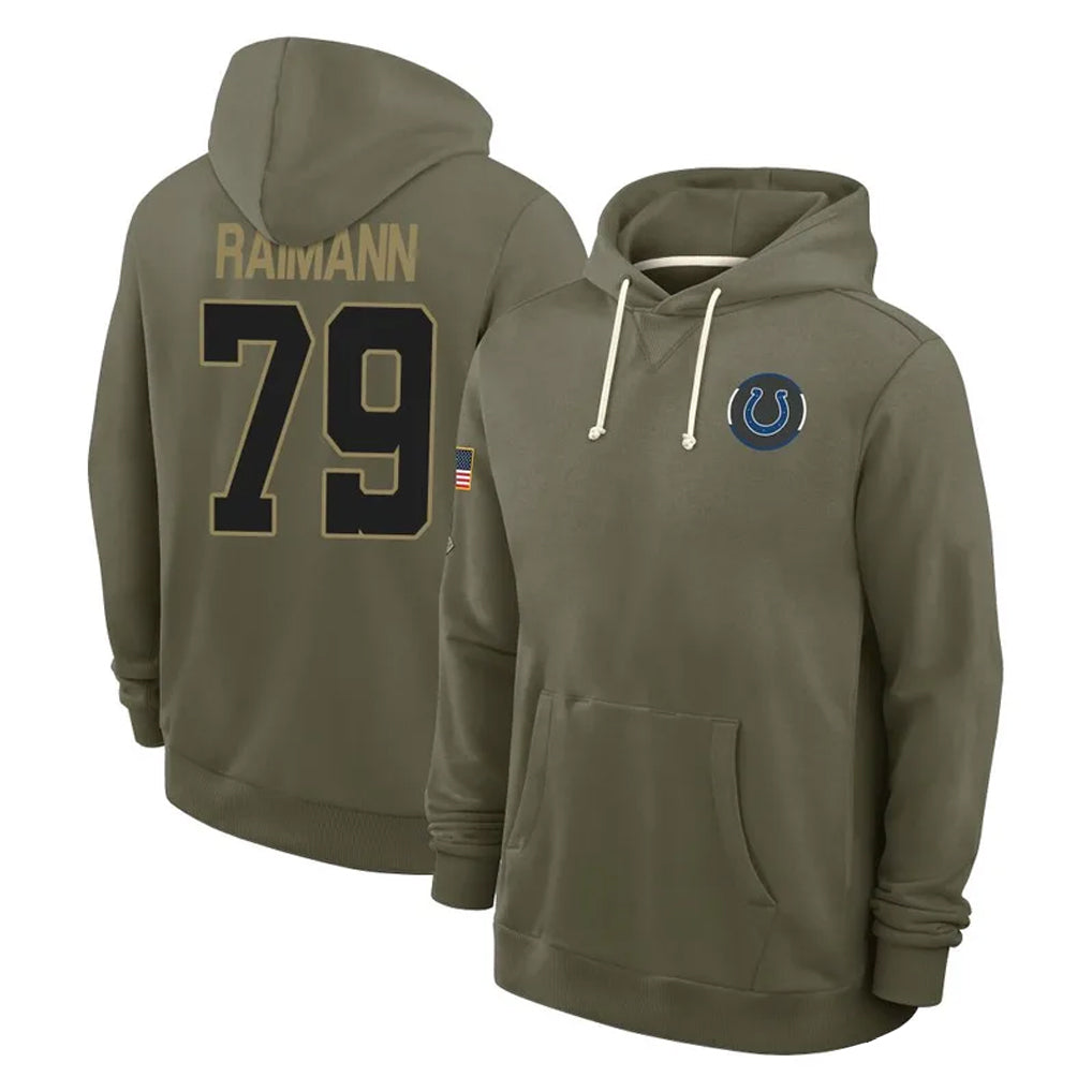 IN.Colts #79 Bernhard Raimann Player Olive Salute to Service Pullover Hoodies Limited STECN Stitched Jerseys