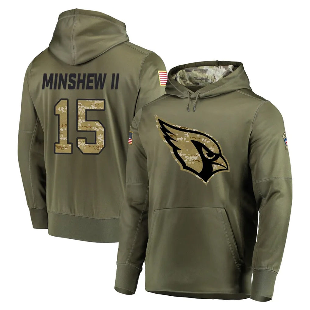 A.Cardinals #15 Gardner Minshew II Player Olive Salute to Service Pullover Hoodie Home Game STECN Stitched Jerseys