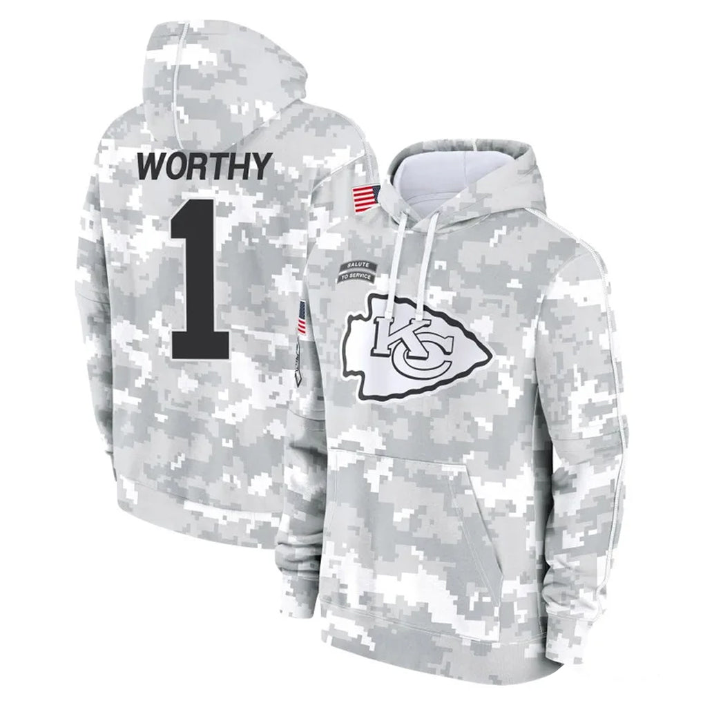 KC.Chiefs #1 Xavier Worthy Player Arctic Camo Salute to Service Hoodies Limited Game STECN Stitched Jerseys