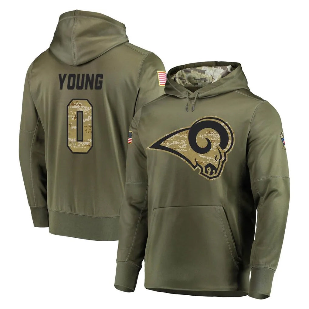 LA.Rams #0 Byron Young Player Olive Salute to Service Pullover Hoodies Home Game STECN Stitched Jerseys