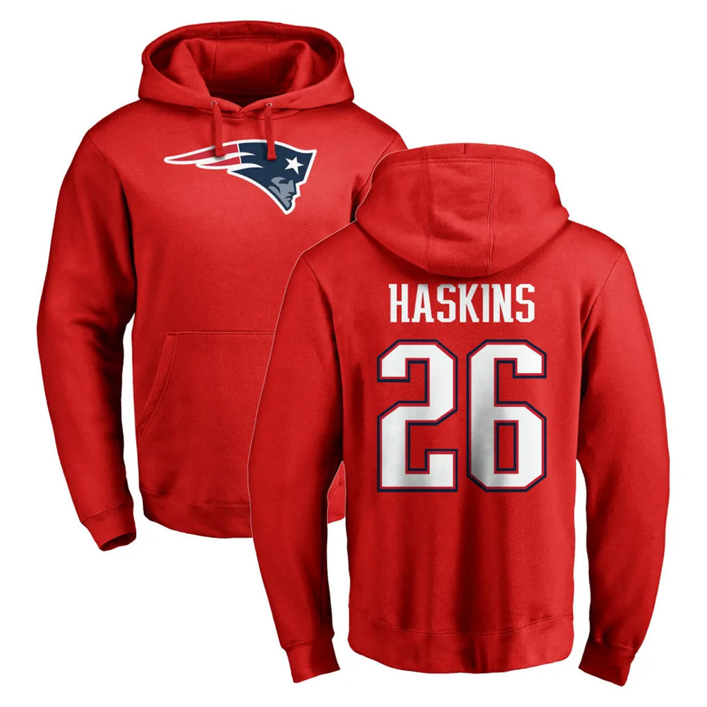 NE.Patriots #26 Hassan Haskins Player Red LOGO Pullover Hoodies Home Game STECN Stitched Jerseys