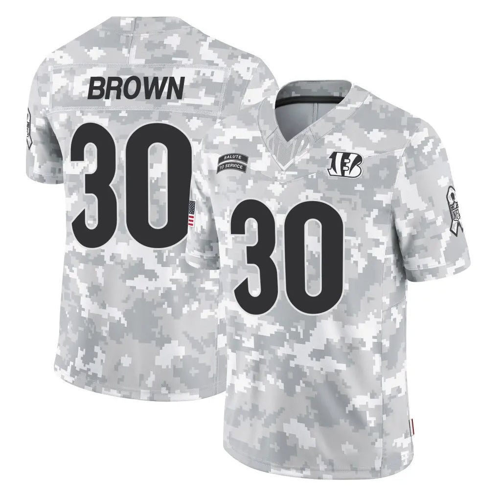 C.Bengals #30 Chase Brown Player Arctic Camo Salute to Service Limited STECN Stitched Jerseys