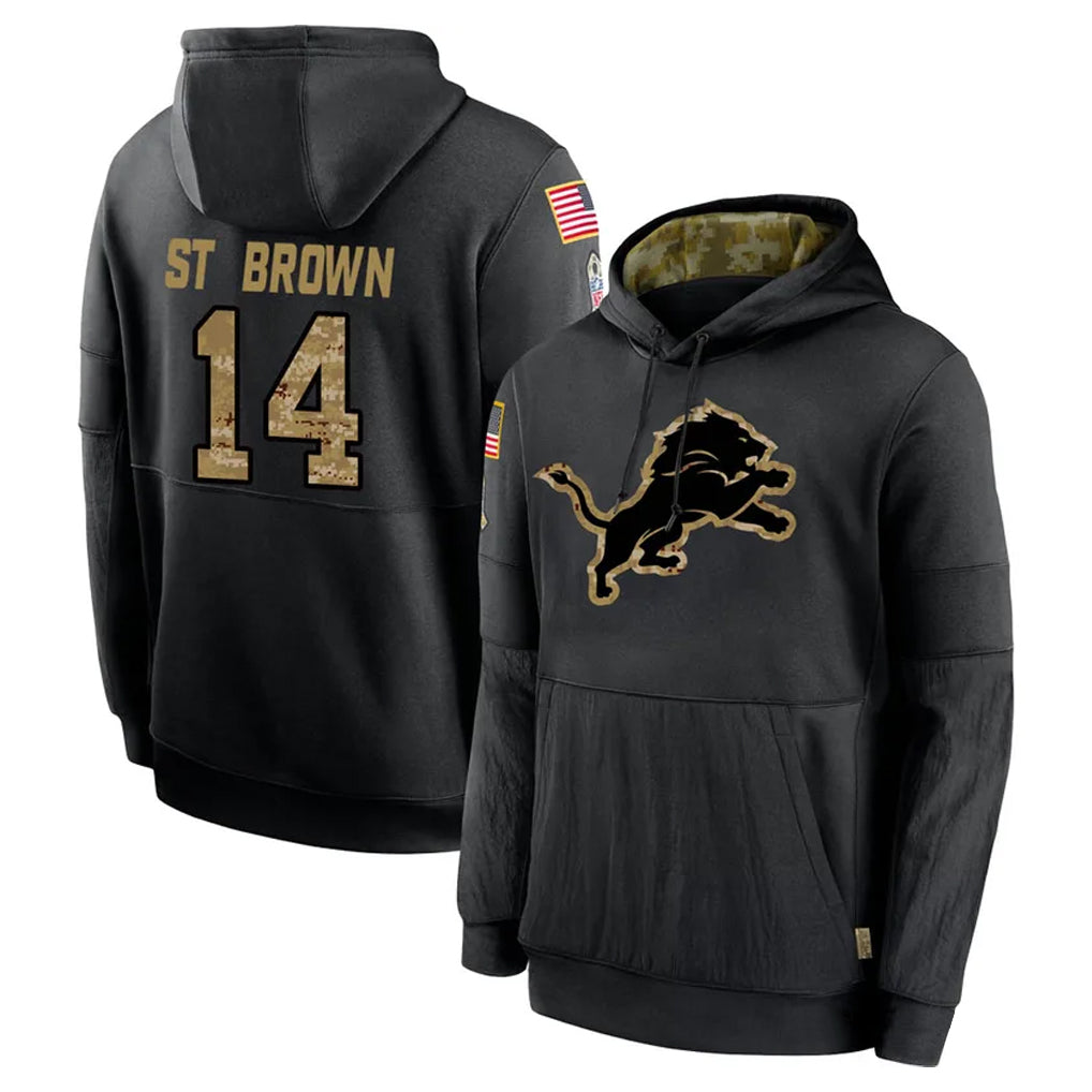 D.Lions #14 Amon-Ra St. Brown Player Black Salute to Service Hoodies Limited Game STECN Stitched Jerseys