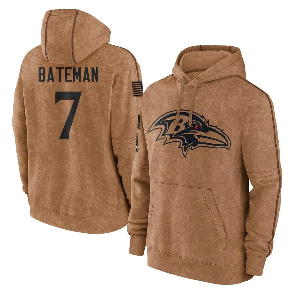 B.Ravens #7 Rashod Bateman Player Brown Salute to Service Pullover Hoodie STECN Stitched Jerseys