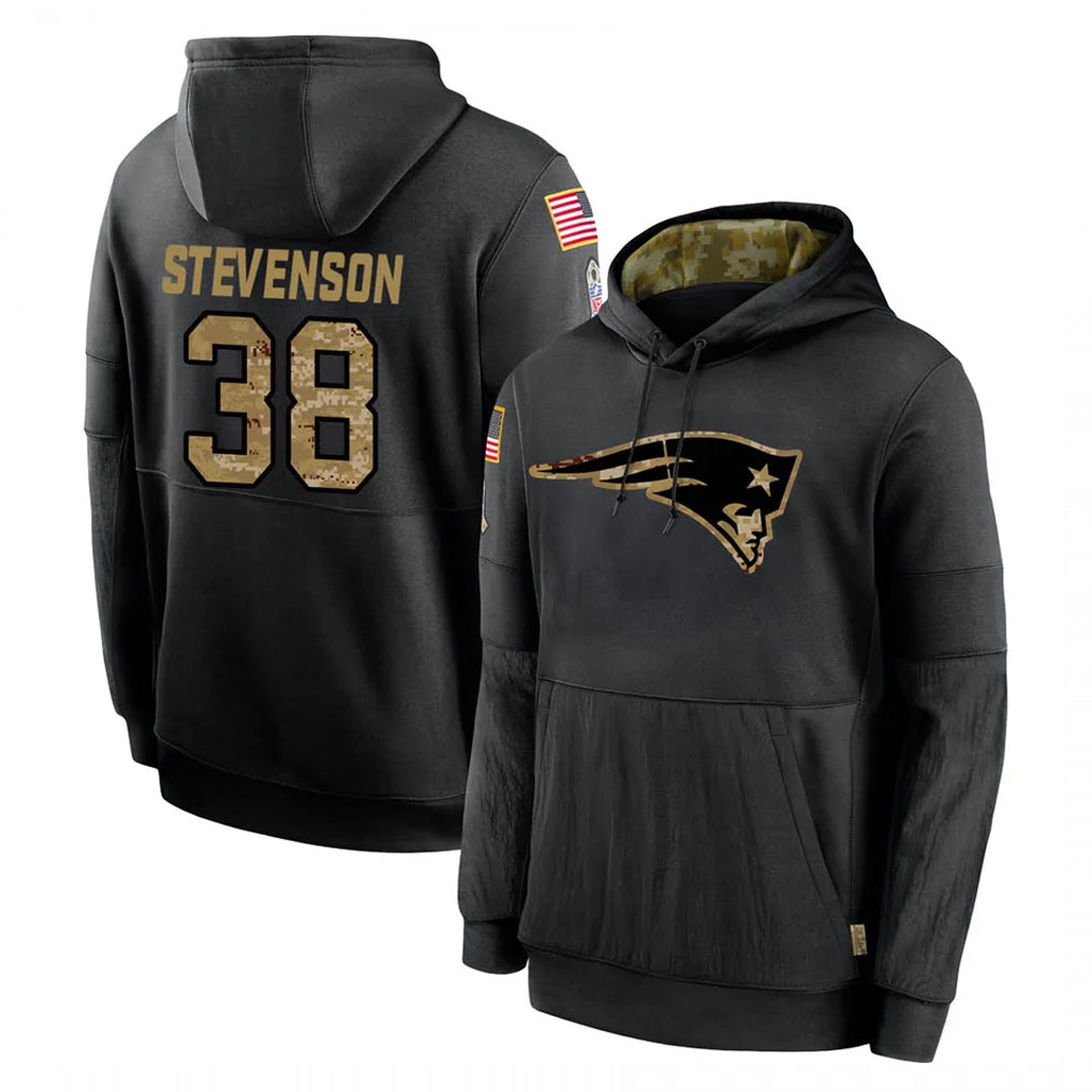 NE.Patriots #38 Rhamondre Stevenson Player Black Salute to Service Hoodies Limited Game STECN Stitched Jerseys