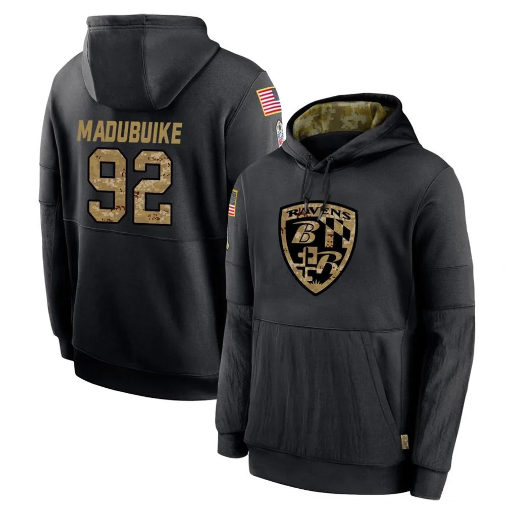B.Ravens #92 Nnamdi Madubuike Player Black Salute to Service Pullover Hoodie STECN Stitched Jerseys