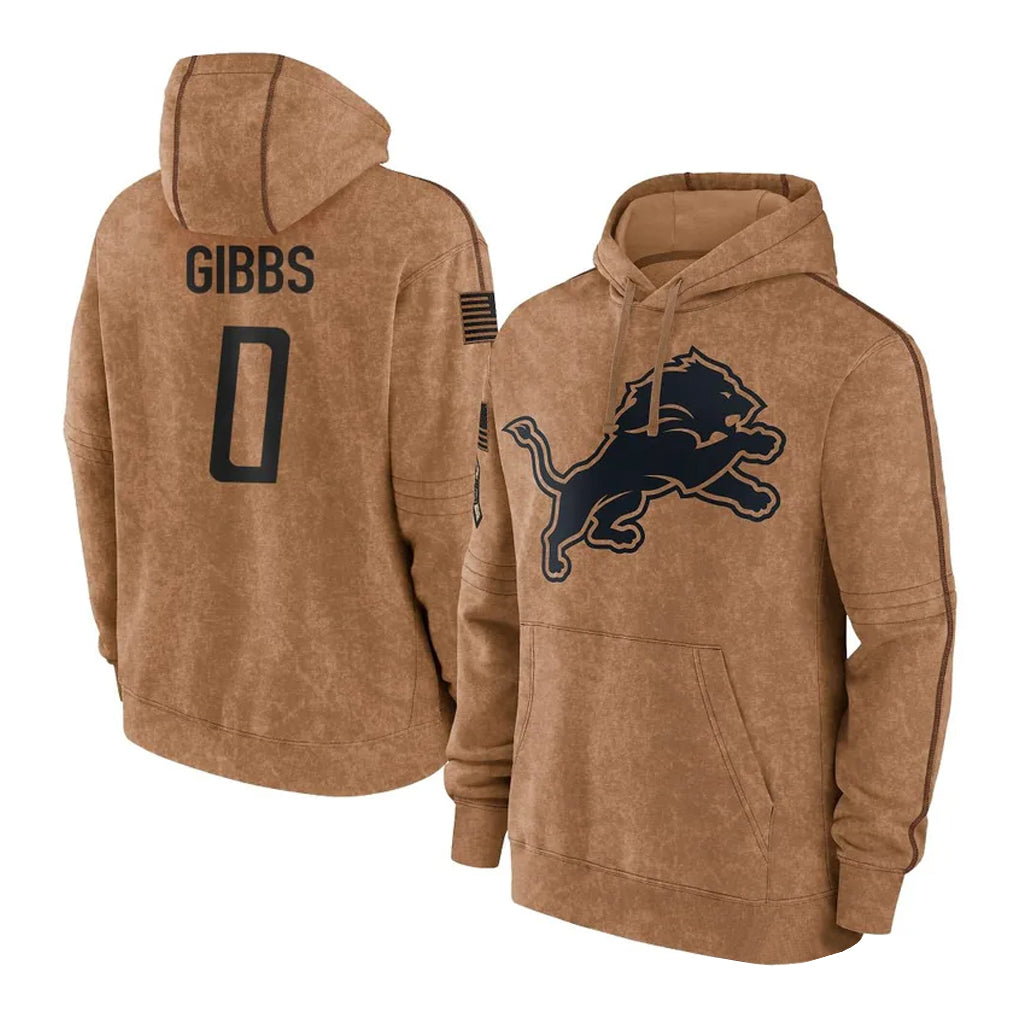 D.Lions #0 Jahmyr Gibbs Player Brown Salute to Service Hoodies Limited Game STECN Stitched Jerseys