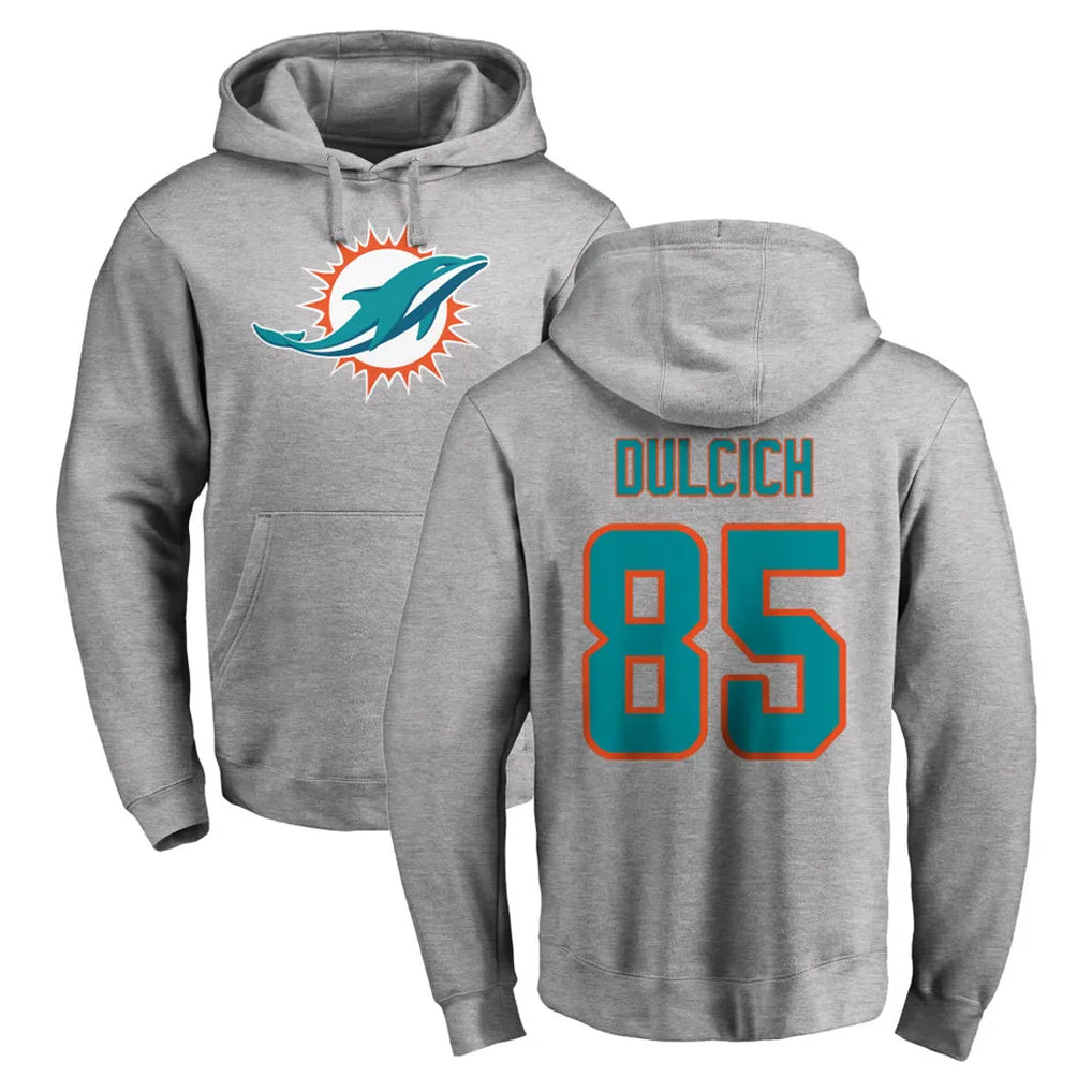 M.Dolphins #85 Greg Dulcich Player Gray LOGO Pullover Hoodies Limited STECN Stitched Jerseys