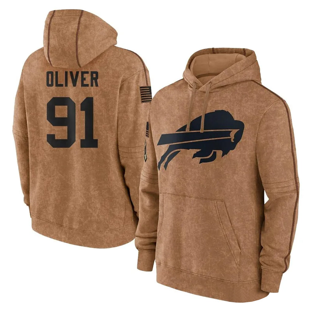B.Bills #91 Ed Oliver Player Brown Salute to Service Hoodies STECN Stitched Jerseys