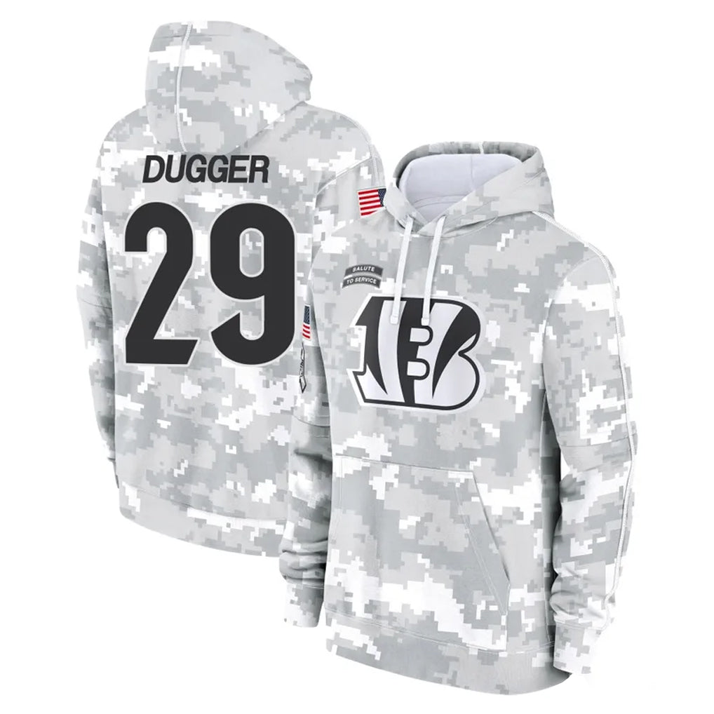 C.Bengals #29 Kyle Dugger Player Arctic Camo Salute to Service Pullover Hoodie Limited STECN Stitched Jerseys