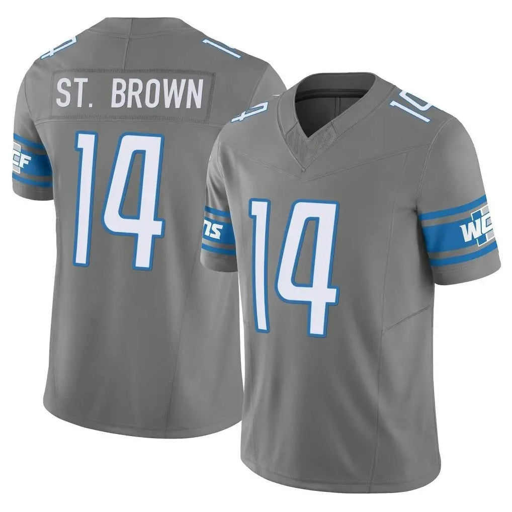 D.Lions #14 Amon-Ra St. Brown Player Gray Vapor F.U.S.E. Limited Home Game STECN Stitched Jerseys