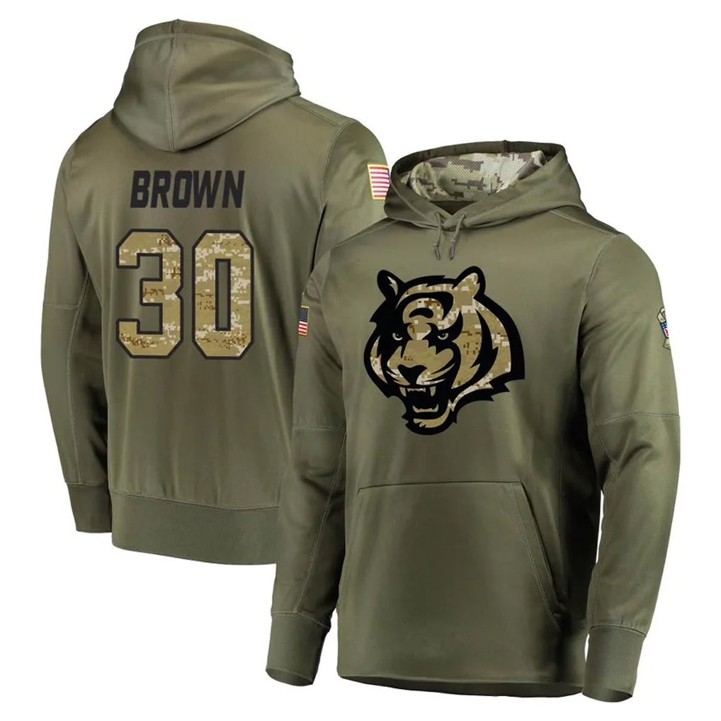 C.Bengals #30 Chase Brown Player Olive Salute to Service Pullover Hoodies Home Game STECN Stitched Jerseys