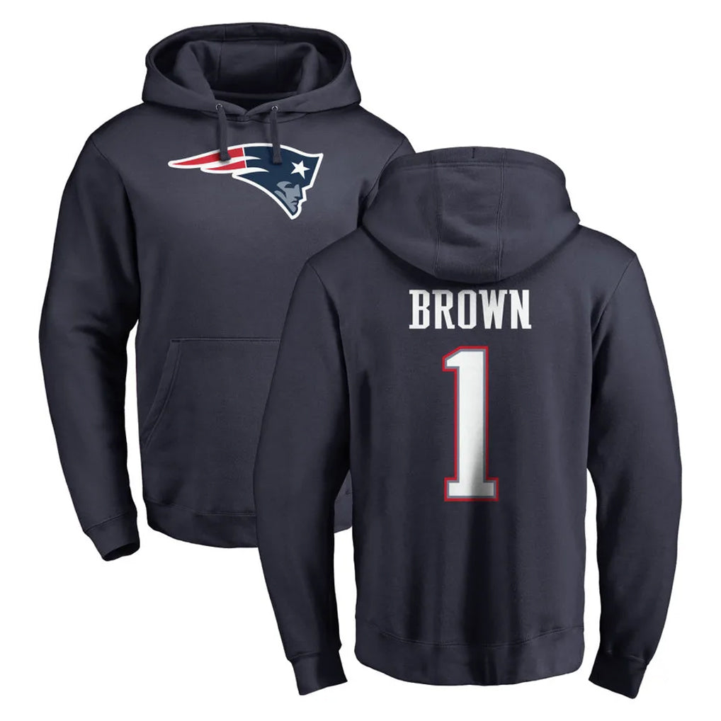 NE.Patriots #1 A.J. Brown Player Navy LOGO Pullover Hoodies Home Game STECN Stitched Jerseys