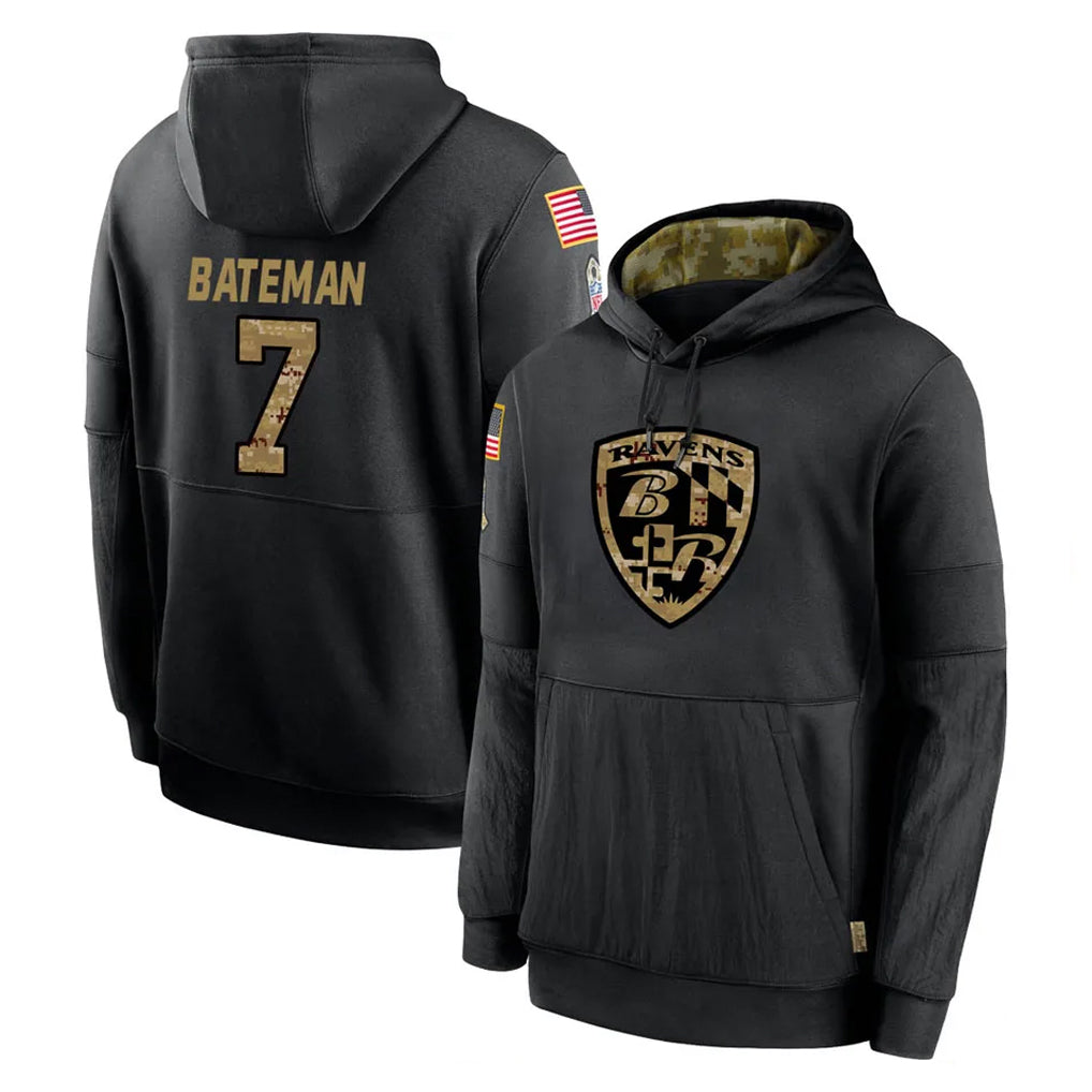 B.Ravens #7 Rashod Bateman Player Black Salute to Service Pullover Hoodie STECN Stitched Jerseys
