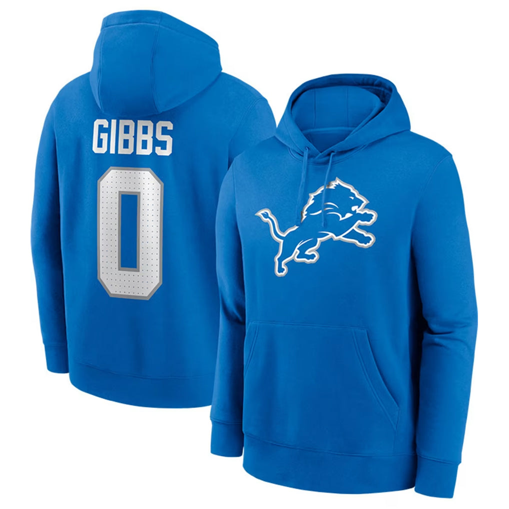 D.Lions #0 Jahmyr Gibbs Player Blue Salute to Service Pullover Hoodies Limited STECN Stitched Jerseys