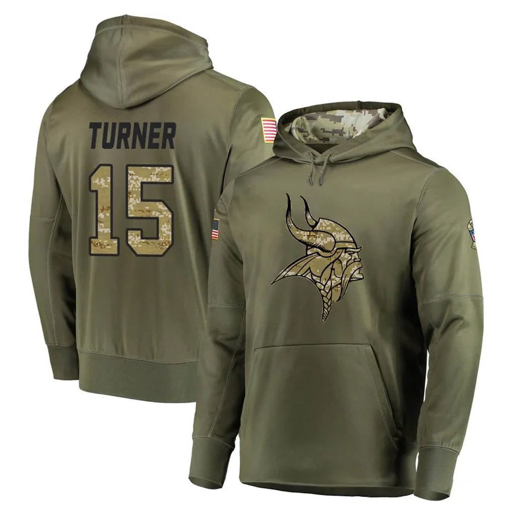 M.Vikings #15 Dallas Turner Player Olive Salute to Service Pullover Hoodies Home Game STECN Stitched Jerseys
