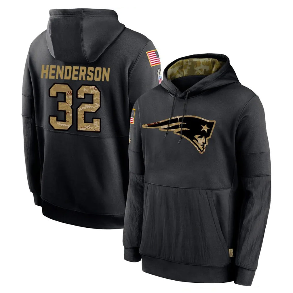 NE.Patriots #32 TreVeyon Henderson Player Black Salute to Service Hoodies Limited Game STECN Stitched Jerseys
