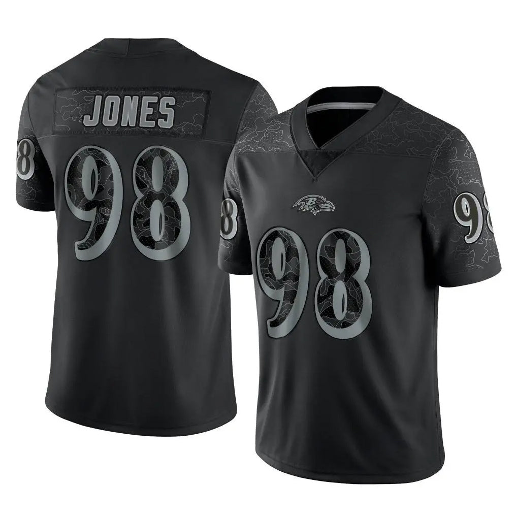 B.Ravens #98 Travis Jones Player Black REFLECTIVE Limited STECN Stitched Jerseys