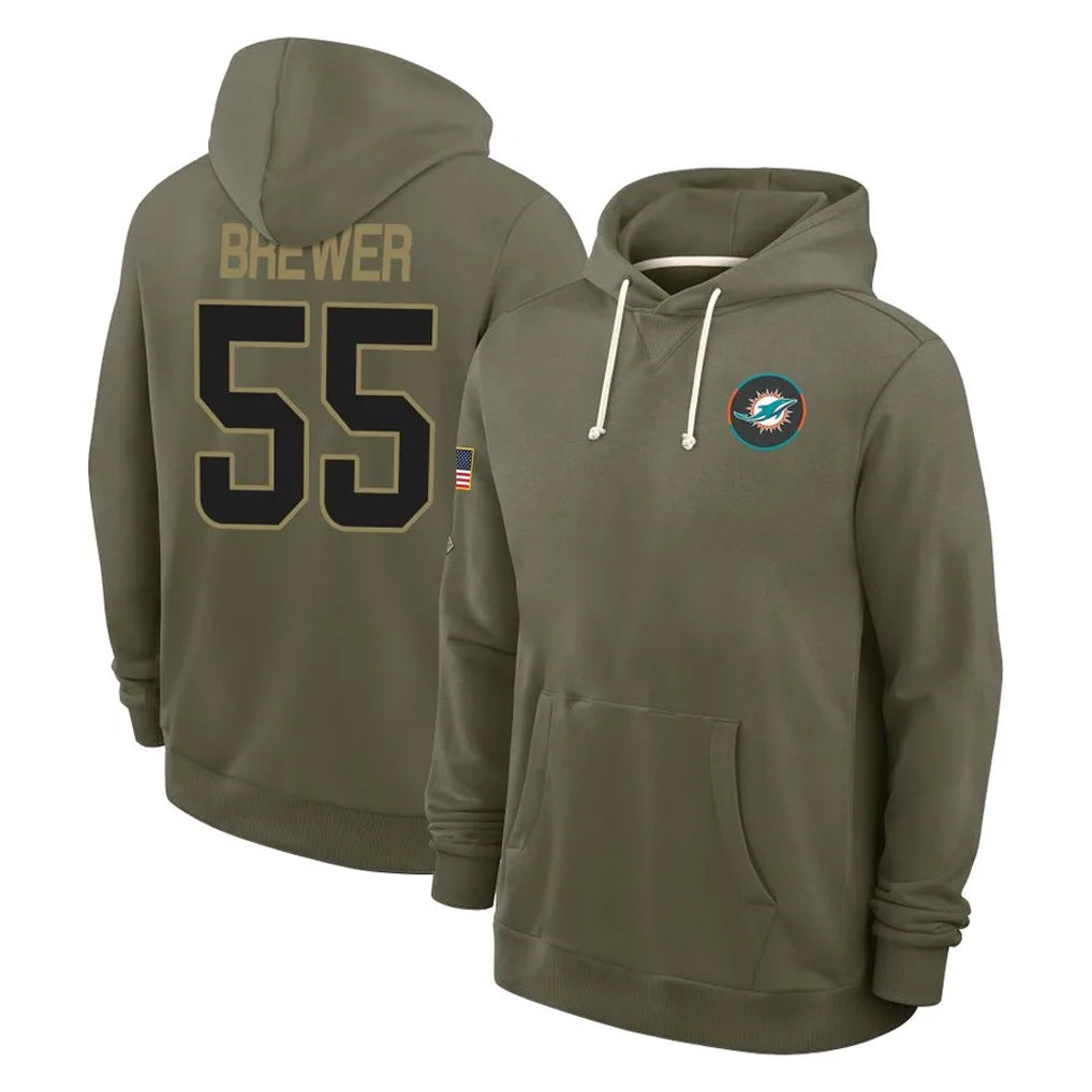 M.Dolphins #55 Aaron Brewer Player Olive Salute to Service Pullover Hoodies Limited STECN Stitched Jerseys