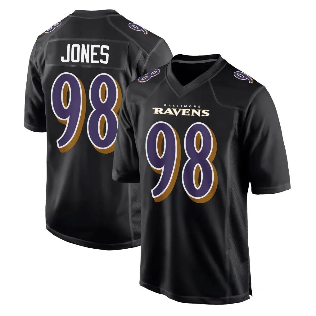 B.Ravens #98 Travis Jones Player Black Carbon Fashion Home Game STECN Stitched Jerseys