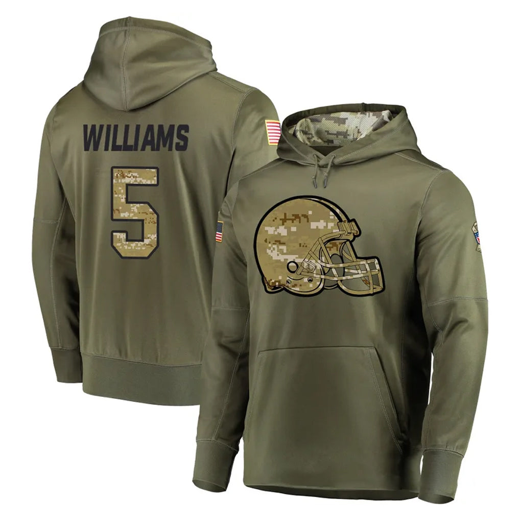 C.Browns #5 Quincy Williams Player Olive Salute to Service Pullover Hoodies Home Game STECN Stitched Jerseys