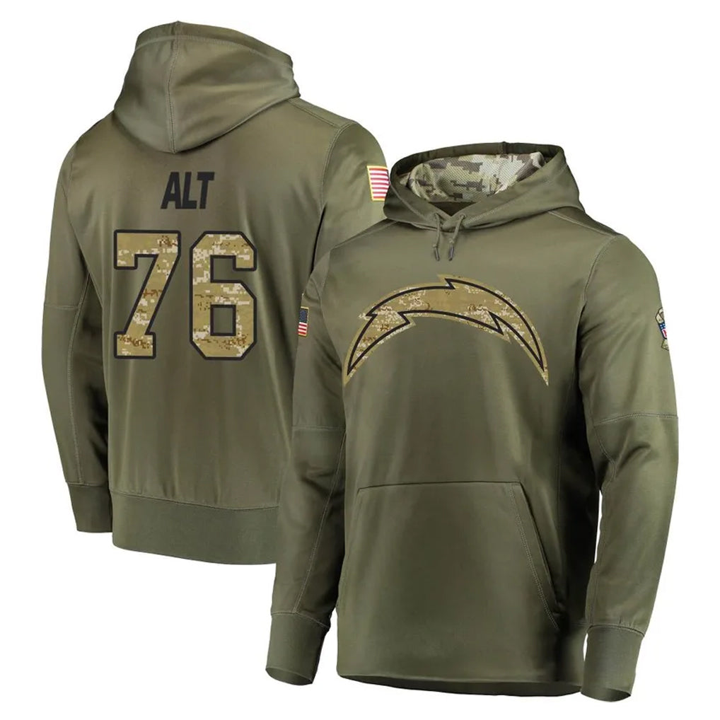 LA.Chargers #76 Joe Alt Player Olive Salute to Service Pullover Hoodies Home Game STECN Stitched Jerseys