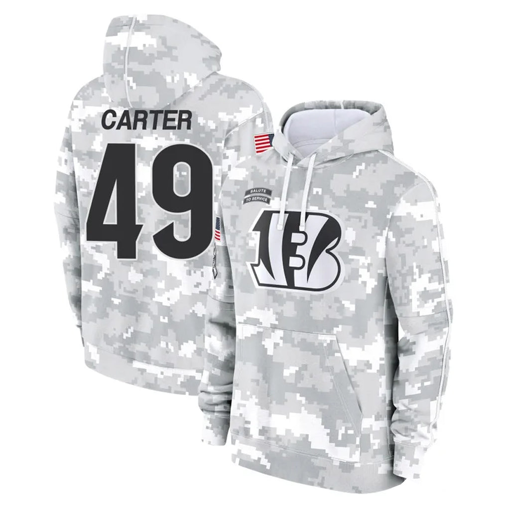 C.Bengals #49 Barrett Carter Player Arctic Camo Salute to Service Pullover Hoodie Limited STECN Stitched Jerseys