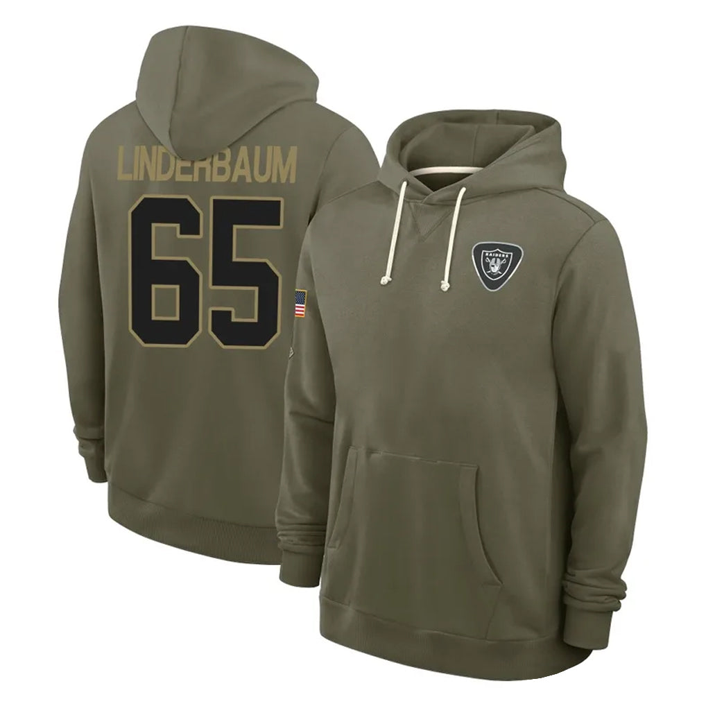 LV.Raiders #65 Tyler Linderbaum Player Olive Salute to Service Pullover Hoodies Limited STECN Stitched Jerseys