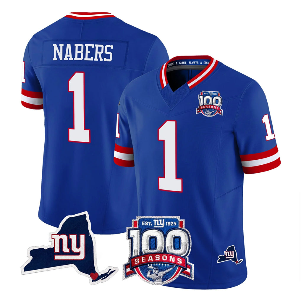 NY.Giants #1 Malik Nabers Player Royal 100th Season & State Patch Vapor Limited Home Game STECN Stitched Jerseys