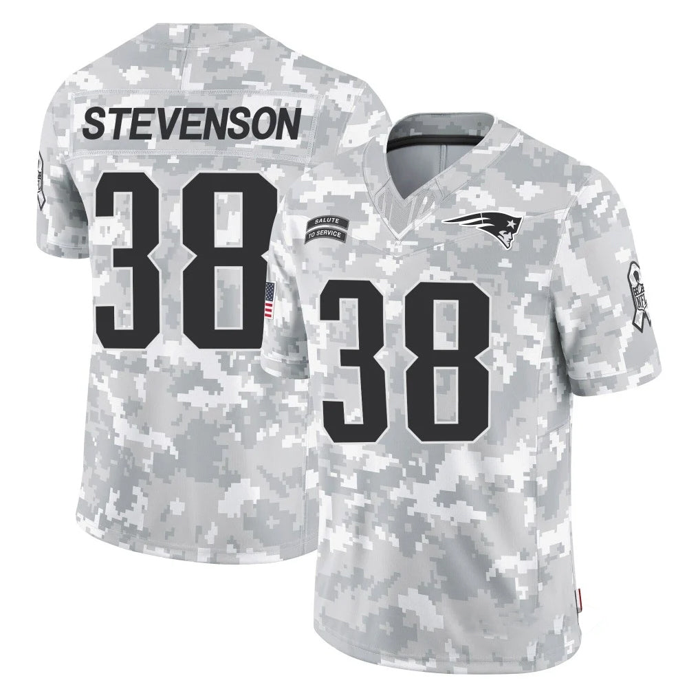 NE.Patriots #38 Rhamondre Stevenson Player Arctic Camo Salute To Service Limited Game STECN Stitched Jerseys