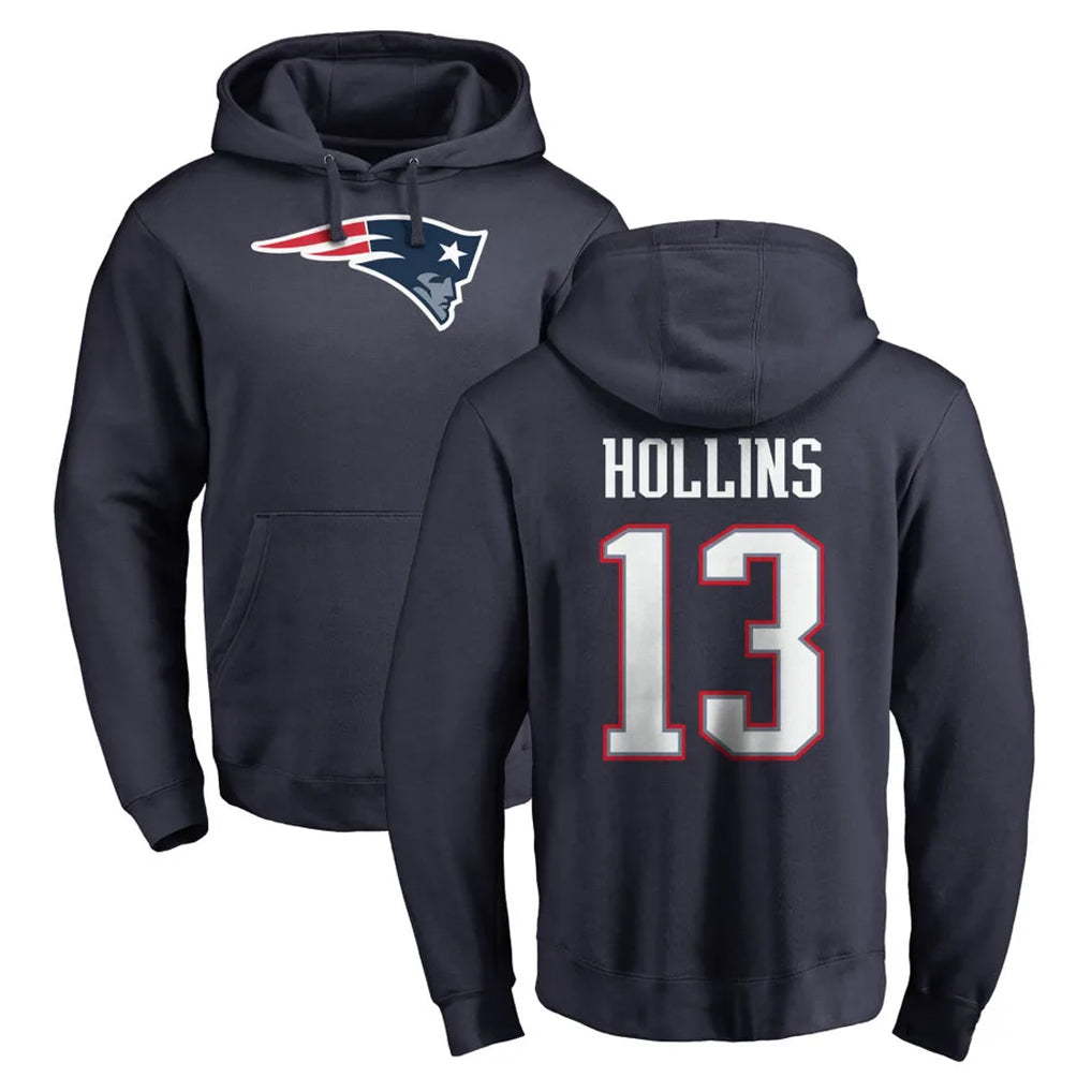 NE.Patriots #13 Mack Hollins Player Navy LOGO Pullover Hoodies Home Game STECN Stitched Jerseys