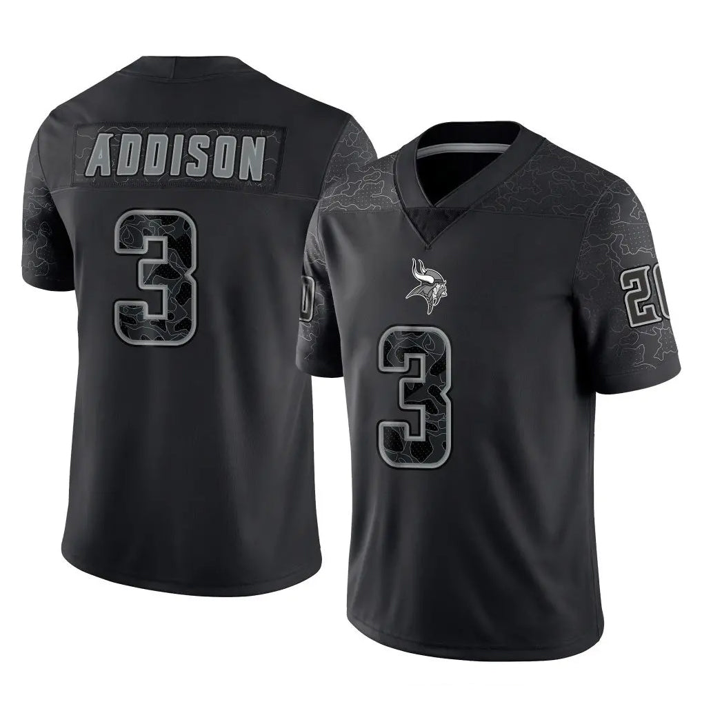M.Vikings #3 Jordan Addison Player Black Reflective LImited Home Game STECN Stitched Jerseys