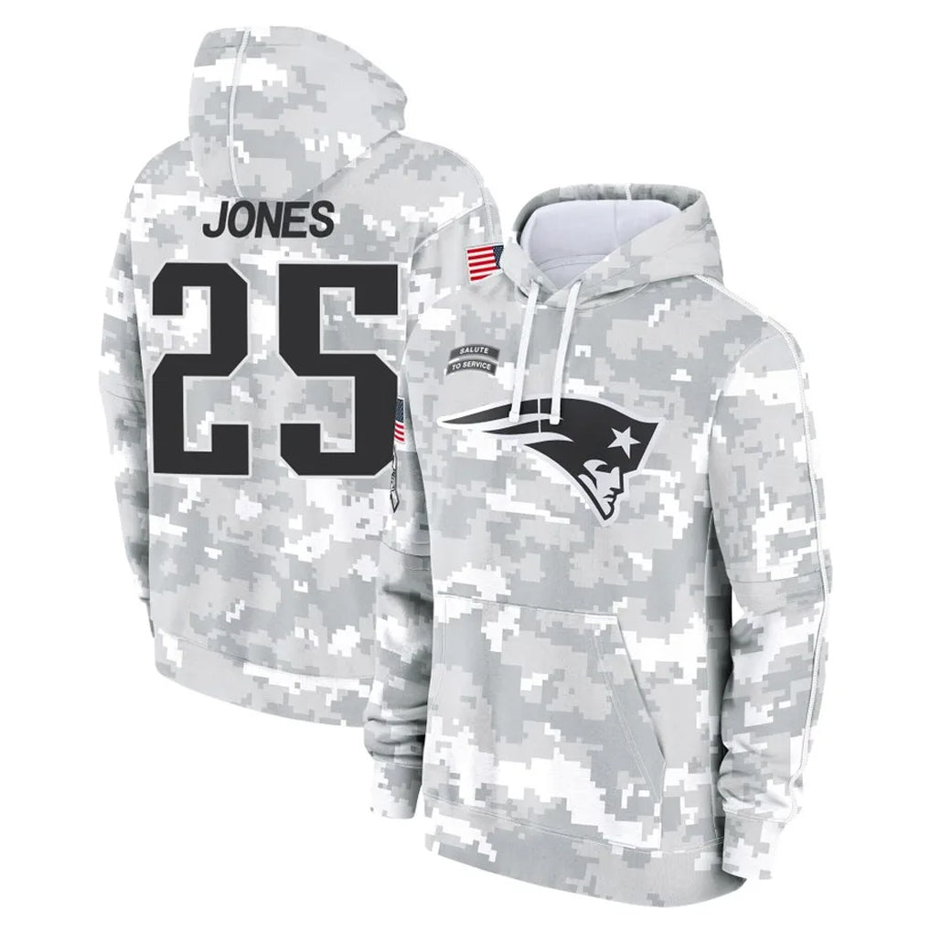 NE.Patriots #25 Marcus Jones Player Arctic Camo Salute to Service Pullover Hoodies Limited Game STECN Stitched Jerseys
