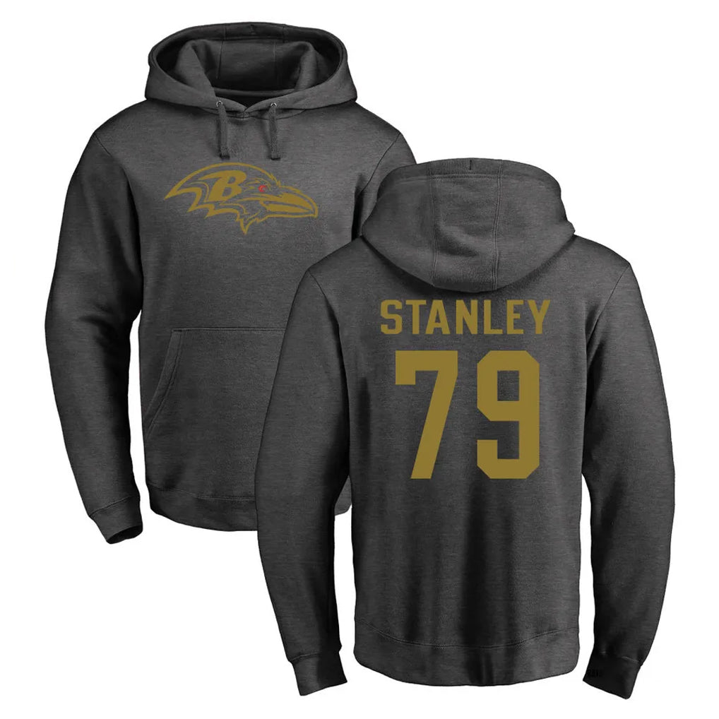 B.Ravens #79 Ronnie Stanley Player Gray LOGO Pullover Hoodie STECN Stitched Jerseys