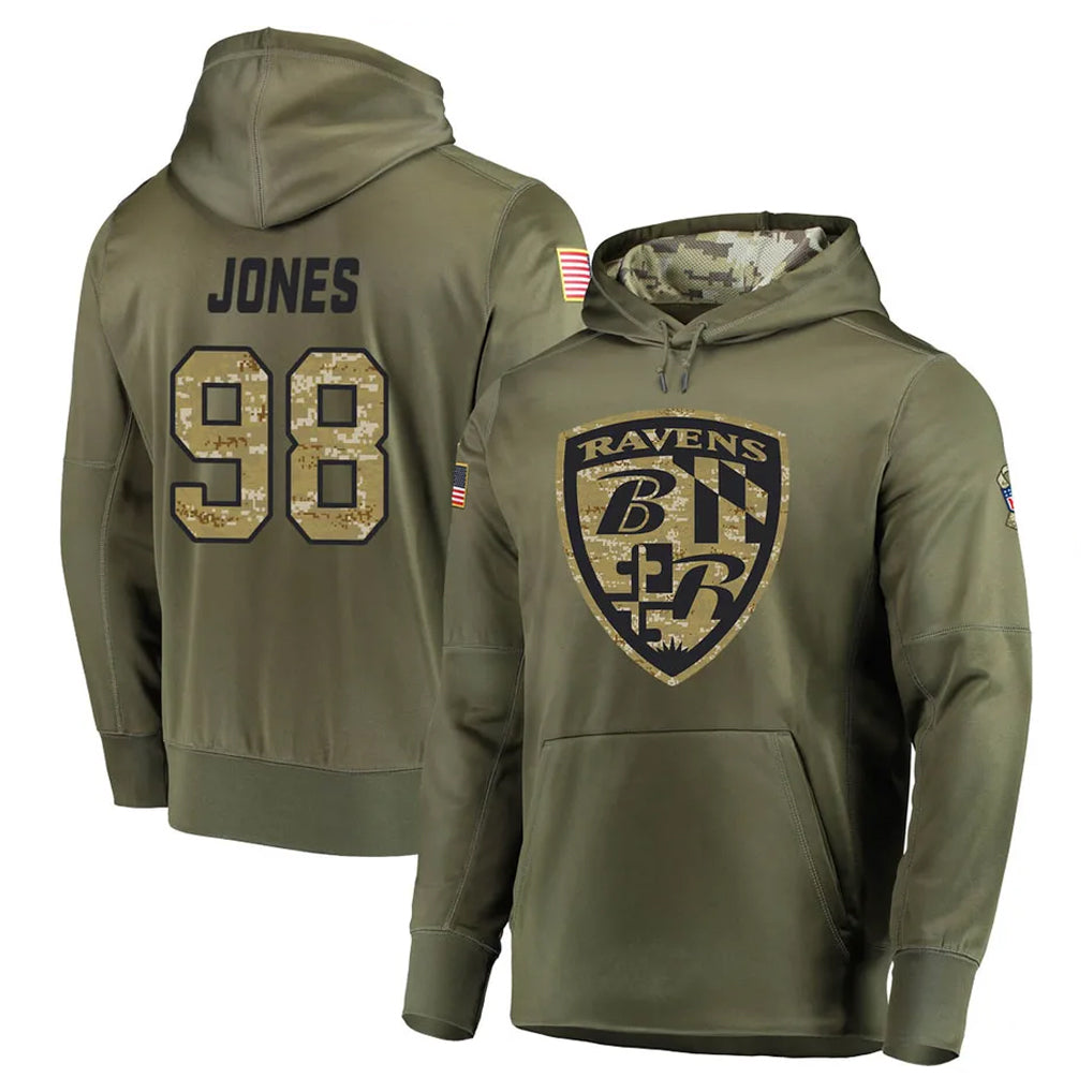 B.Ravens #98 Travis Jones Player Olive Salute to Service Pullover Hoodie STECN Stitched Jerseys