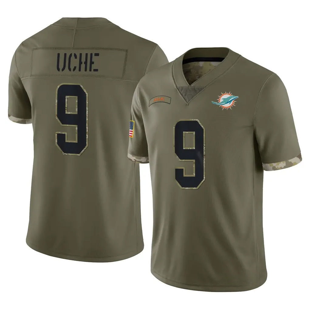 M.Dolphins #9 Joshua Uche Player Olive Salute To Service Limited STECN Stitched Jerseys