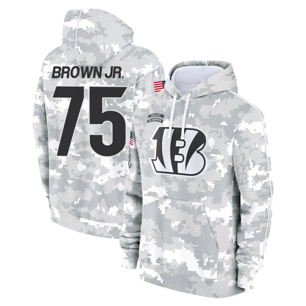 C.Bengals #75 Orlando Brown Jr. Player Arctic Camo Salute to Service Pullover Hoodie Limited STECN Stitched Jerseys