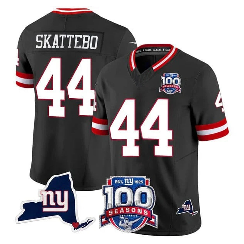 NY.Giants #44 Cam Skattebo Player Black 100th Season & State Patch Vapor Limited Home Game STECN Stitched Jerseys