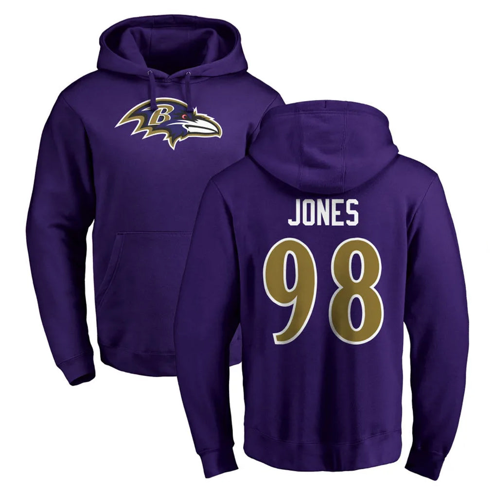 B.Ravens #98 Travis Jones Player Purple Salute to Service Pullover Hoodie STECN Stitched Jerseys