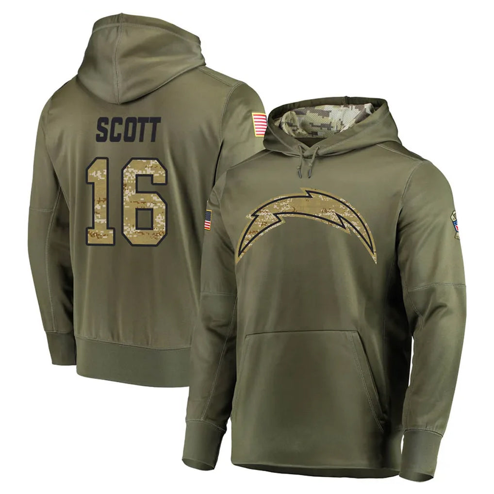LA.Chargers #16 J.K. Scott Player Olive Salute to Service Pullover Hoodies Home Game STECN Stitched Jerseys